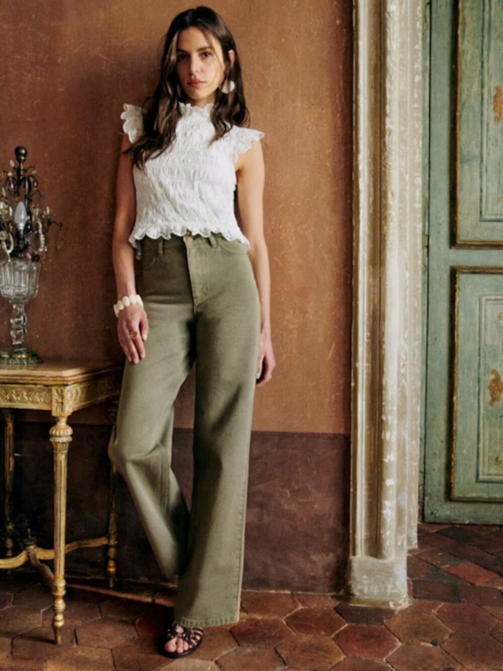NWT Sezane Wide Leg Trousers Olive Green 2 (34)